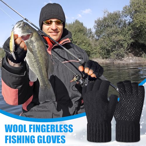 Geyoga 2 Pairs Wool Fingerless Fishing Gloves for Men Women Anti-Slip with Grip Dots Warm Winter Fly Ice Fishing Gloves - color: Black and Gray, style: Fingerless