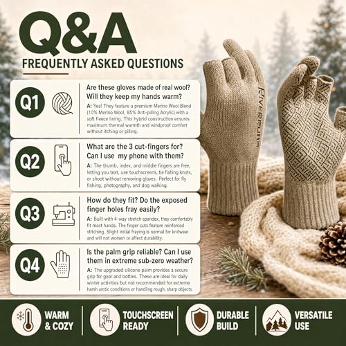 Riverruns Wool Fishing Gloves - Winter Fingerless Knitted Gloves for Men and Women 3-Cut Fingers Warm Gloves for Cold Weather, Fly Fishing, Ice Fishing, Kayaking - color: Coffee
