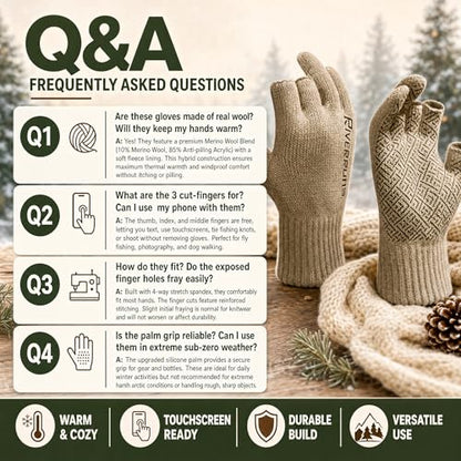 Riverruns Wool Fishing Gloves - Winter Fingerless Knitted Gloves for Men and Women 3-Cut Fingers Warm Gloves for Cold Weather, Fly Fishing, Ice Fishing, Kayaking - color: Coffee