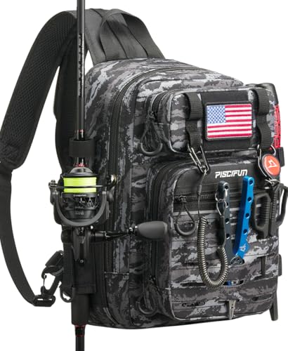 Piscifun Fishing Backpack Tackle Bag with 2 Rod Holders, Multi-Compartment Storage, MOLLE System, Water-Resistant Lightweight Outdoor Pack - color: Double Shoulder - Black Camouflage, style: Standard