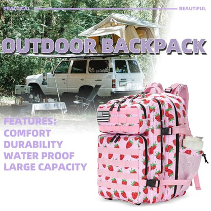 Lovelinks21 25L Tactical Military Backpack Small Travel Rucksack for Men and Women Assault Pack Bug Out Bag Molle Daypack Gym Backpack with Bottle Holder (Strawberry) - color: Strawberry