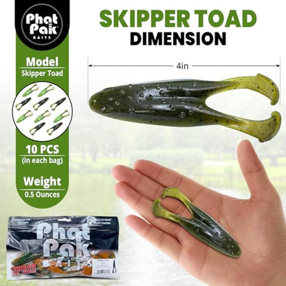 Phat Pak Baits - Skipper Toad Zoom Horny Toad Style Soft Plastic Frog 4" 10ct Top Water Bass Fishing Lure - color: Straight Black