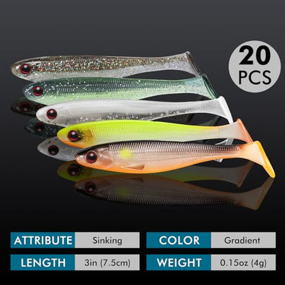 TRUSCEND Shadtale Easy Catch Soft Fishing Lures, Unique Vibration and Action for Various Rigs, Paddle Tail Swimbaits Trailer for Bass, Trout, Crappie, Walleye, Redfish, Saltwater & Freshwater Fishing - color: 3",20pcs,0.15oz