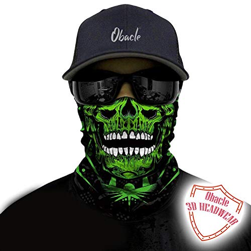 Obacle Neck Gaiter Face Mask Bandana for Dust Wind Sun Protection for Men Women - color: Skull Green Face White Teeth Open Mouth