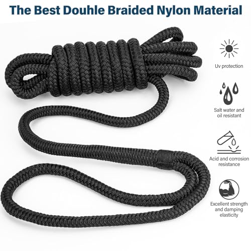 2 Pack 1/2" x 15' Boat Dock Lines for Boat & Pontoon, Premium Marine- Grade Double Braided Nylon Boat Lines, Pre-Spliced with a 12" Eyelet-Black,High Strength,Easy Handling,Boating Gifts for Men. - size: 1/2" x 15' (Pack of 2)