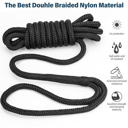 2 Pack 1/2" x 15' Boat Dock Lines for Boat & Pontoon, Premium Marine- Grade Double Braided Nylon Boat Lines, Pre-Spliced with a 12" Eyelet-Black,High Strength,Easy Handling,Boating Gifts for Men. - size: 1/2" x 15' (Pack of 2)