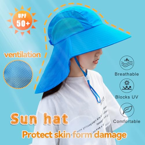 Rosoz Kids Sun Hat with Neck Flap UV Protection Summer Toddler Beach Hat Unisex Ponytail Hat Wide Brim Fishing Hat - color: 2pack-blue+light Grey