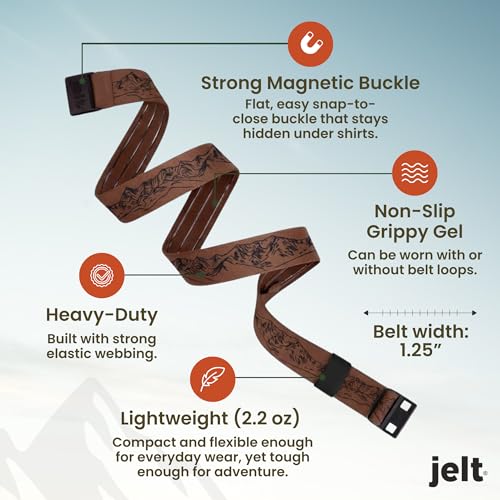 JeltX Adjustable Elastic Belts for Men and Women, Non-Slip Stretch Belt with Magnetic Belt Buckle and Grippy Gel - color: Bridger Mountain