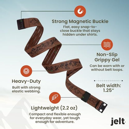 JeltX Adjustable Elastic Belts for Men and Women, Non-Slip Stretch Belt with Magnetic Belt Buckle and Grippy Gel - color: Bridger Mountain