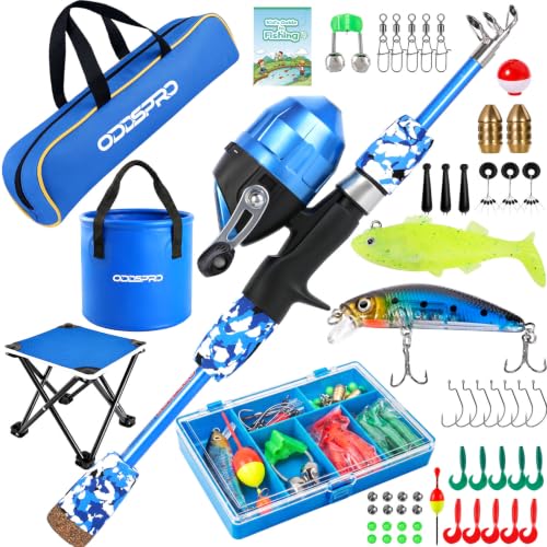 ODDSPRO Kids Fishing Pole - Portable Kids Fishing Rod and Reel Combo, Kids Fishing Gear with Tackle Box, Spincast Reel, Collapsible Chair and Bucket, Fishing Pole for Kids Boys Girls Toddler Youth 3+ - size: 4.92 ft