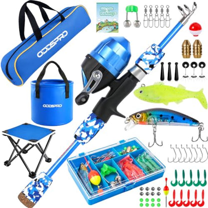 ODDSPRO Kids Fishing Pole - Portable Kids Fishing Rod and Reel Combo, Kids Fishing Gear with Tackle Box, Spincast Reel, Collapsible Chair and Bucket, Fishing Pole for Kids Boys Girls Toddler Youth 3+ - size: 3.94 ft