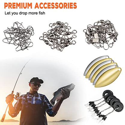 PLUSINNO 253/387pcs Fishing Gear Accessories Kit, Fishing Tackle Box with Tackle Included, Fishing Hooks, Fishing Weights Sinkers, Spinner Blade, Fishing Equipment for Bass Trout Bluegill Crappie - color: 253pcs Fishing Accessories Kit