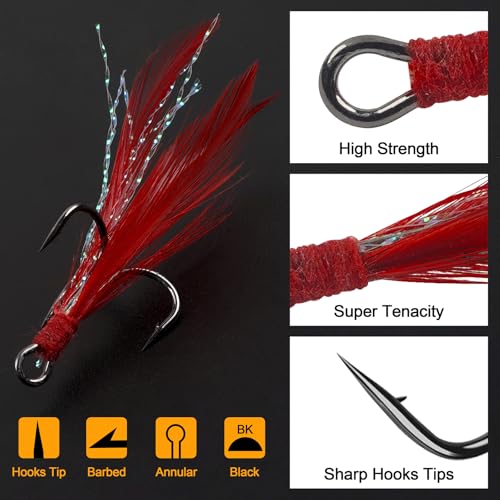 Fishing Treble Hooks Kit 50pcs Feather Dressed High Carbon Steel Triple Barbed Hooks Strong Sharp Round Bend for Catfish Trout Hard Baits Lures Freshwater Saltwater Fishing