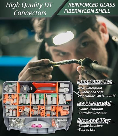 482 PCS DT Deustch Connector Kit, 2 3 4 6 8 12 Pin Waterproof Automotive Electrical Connectors, Including Deutsch Crimping Tool, Removal Tool, 16# Solid Contacts - size: 482Pcs Deutsch Connector Kit