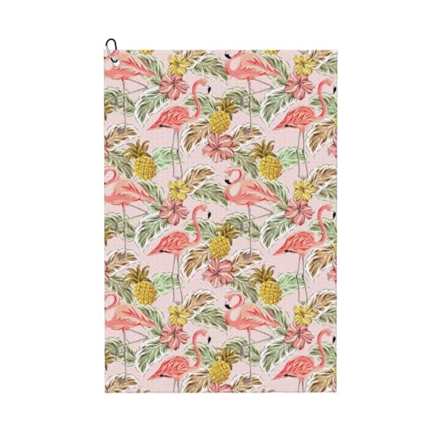 Tropical Pink Flamingo Golf Towel Microfiber with Carabiner Clip, Funny Cleaning Cloth for Golf Balls & Clubs, Gift for Women Men, Golfers, Dad, Grandpa, Bag Accessories 16"*24"-Bird Pineapple - color: Flamingo