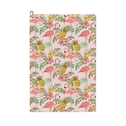 Tropical Pink Flamingo Golf Towel Microfiber with Carabiner Clip, Funny Cleaning Cloth for Golf Balls & Clubs, Gift for Women Men, Golfers, Dad, Grandpa, Bag Accessories 16"*24"-Bird Pineapple - color: Flamingo