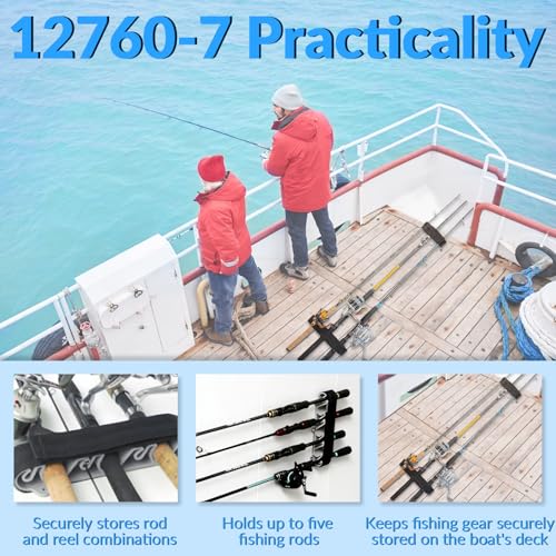 12760-7 Boat Deck Fishing Rod Holder Straps Set for Up to 5 Rods,Fishing Rod Saver Straps Tie Downs for Boat Deck,10 Inch Handle Strap,6 Inch Rod Tip Strap, Fishing Boat Accessories,Black