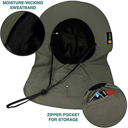 SUN CUBE UPF50+ Sun Hat for Men Women with Neck Flap, Wide Brim UV Protection Fishing Safari Hat for Hiking Beach Gardening - color: Olive