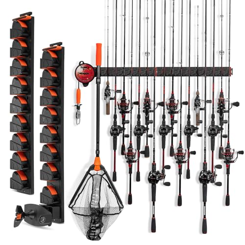 KastKing GravityLock Fishing Rod Holder, V8 & V9 2-Pack Wall Mounted Fishing Rod Rack, Holds up to 17 Fishing Rods or Combos, Universal Rod Storage System, Heavy-Duty Grip, Built-in Line Spooler - style: D:V8 & V9 (Store 17 Combos) - 2 Packs