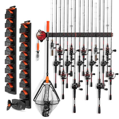 KastKing GravityLock Fishing Rod Holder, V8 & V9 2-Pack Wall Mounted Fishing Rod Rack, Holds up to 17 Fishing Rods or Combos, Universal Rod Storage System, Heavy-Duty Grip, Built-in Line Spooler - style: D:V8 & V9 (Store 17 Combos) - 2 Packs