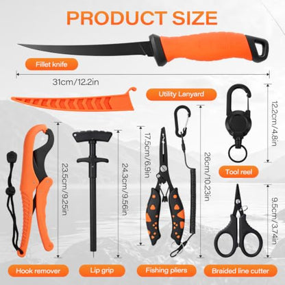 Fishing Tool Kit, Fishing Accessories with Fillet Knife, Fish Hook Remover, Fishing Pliers with Lanyard, Fish Lip Gripper, Fishing Braid Scissors, Tool Retractor