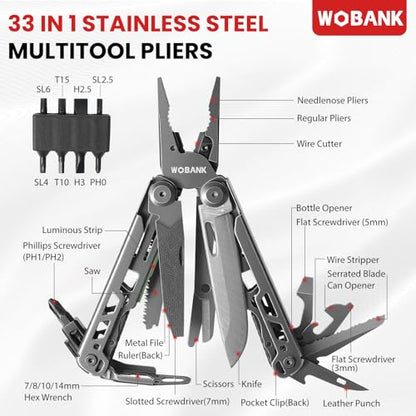 Multitool, 33-in-1 Stainless Steel Multi Tool Pliers with Screwdriver Sleeve, Damascus Pocket Knife, Nylon Sheath for Outdoor, Survival, Camping, Hiking, Simple Repair - size: 33-in-1