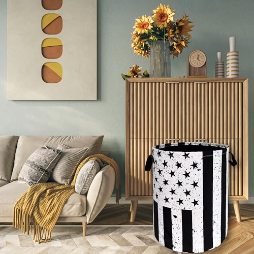 Retro Black and White American Flag Laundry Hamper USA Flag Laundry Basket With Handles Foldable Oxford Cloth Funny Tote Bag Clothes Toy Storage Bucket 18.9 x 16.5 Inch For Bathroom/Laundry/Bedroom - color: Retro Black and White American Flag