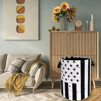 Retro Black and White American Flag Laundry Hamper USA Flag Laundry Basket With Handles Foldable Oxford Cloth Funny Tote Bag Clothes Toy Storage Bucket 18.9 x 16.5 Inch For Bathroom/Laundry/Bedroom - color: Retro Black and White American Flag