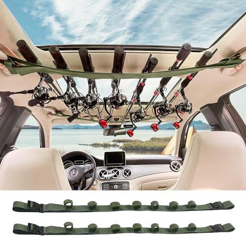 PSKOOK Vehicle Fishing Rod Holder, Fishing Rod Carrier for Car, Fishing Rod Rack 7 Rod Capacity, Heavy Duty Adjustable 33.5-66.9 Inch for SUV/Wagons/Van/Jeep/Truck, No-tool Installation - color: Army Green-7 Rods