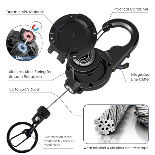 Fly Fishing Zinger Retractor,26" Stainless Steel Wire Rope, with Integrated Line Cutter and Magnetic Closure,360° Rotation Keychain & Carabiner Clip for Fly Fishing,Cycling,Hiking - style: 2 BLACK