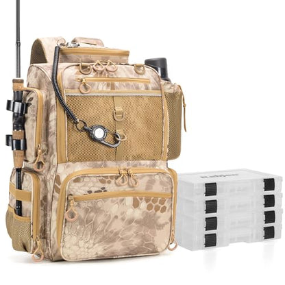 Rabjen Fishing Tackle Backpack with Rod Holders, Bottle Holder, Storage Bag Store Fishing Gear - color: Camouflage Khaki