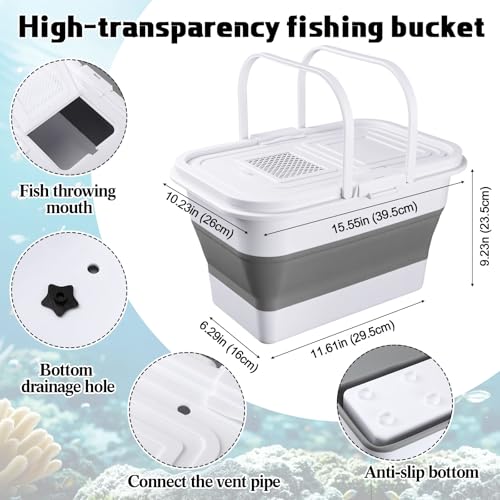 2 Pcs Fishing Bucket and Live Bait Aerator, 13L Foldable Multi Functional Live Bait Bucket Portable Quiet Aerator 14 Quarts Collapsible Fish Transport Container for Outdoor Fishing