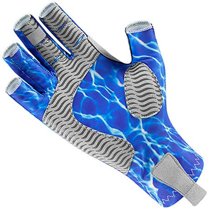 Fishoholic UPF50+ Fingerless Fishing Gloves - Sticky Grip Sun Protection Glove - Kayaking Paddling or Rowing - color: Blue H2O Camo, size: L / XL