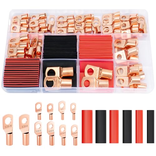 Sanuke 160pcs Copper Wire Lugs Kit, Battery Terminal Connectors | AWG 12 10 8 6 4 2, 80pcs Electrical Battery Cable Ends & Heat Shrink Tubing, Marine Automotive Wire Connectors Assortment