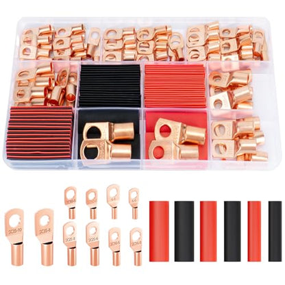 Sanuke 160pcs Copper Wire Lugs Kit, Battery Terminal Connectors | AWG 12 10 8 6 4 2, 80pcs Electrical Battery Cable Ends & Heat Shrink Tubing, Marine Automotive Wire Connectors Assortment