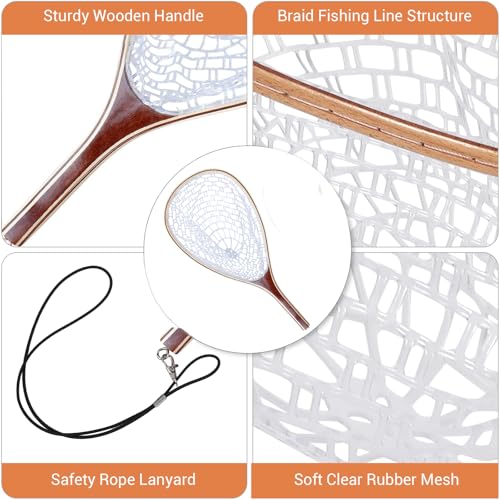Garveelife Fishing Net for Trout, Fly Fishing Net with Soft Rubber Mesh, Wooden Handle Fishing Net for Freshwater & Saltwater Fishing, Catch and Release, Gift for Anglers & Fly Fishing Enthusiasts