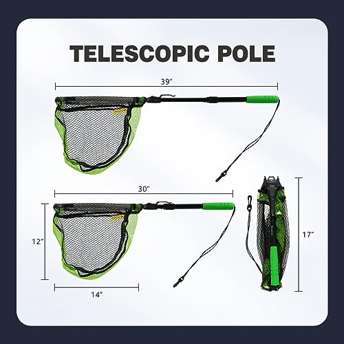 Black Paw Floating Fishing Net Foldable Telescopic Fish Landing Net with Built in Length Scale Rubber Coated for Kayak, Fly, Trout - color: A2:12" Hoop Size Green (Telescopic Pole)