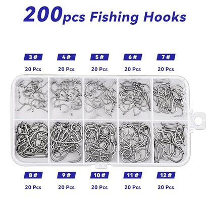 200pcs 10 Sizes Fishing Hooks with Portable Plastic Box, Carbon Steel Strong Sharp Fish Hook with Barbs for Seawater & Freshwater Catfish Trout Bass Octopus, Fishing Gift for Men