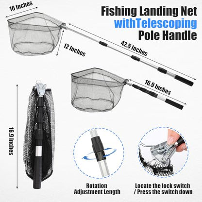 RoundFunny 3 Pcs Fishing Tool Kit, Fishing Landing Net with Telescoping Pole Handle, Fish Plier with Sheath, Fish Lip Gripper for Freshwater Extend to 30-56 Inches, Gear Gifts for Men Women
