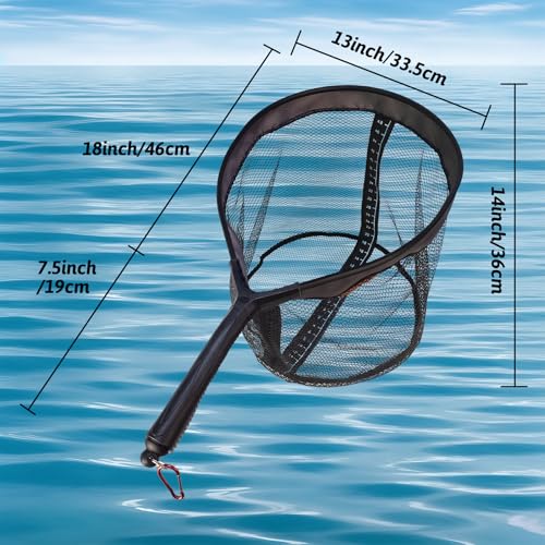 Aventik Magnetic Landing Net with Measuring Ruler Rubber-14inch Deep Design Coated Non-Tangle Mesh Lightweight Aviation Aluminum Frame Portable Trout & Bass Fishing Net for Kayak Fly Boat & Wading