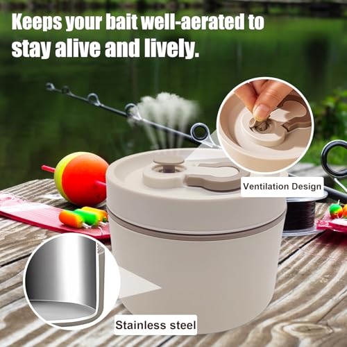 Aventik Fishing Bait Container Organizer with Handle Insulated Breathable Live Bait Box Stainless Steel Worm Storage Tank for Nightcrawlers Keeps Bait Fresh and Alive (circle 650ml) - style: circle 650ml