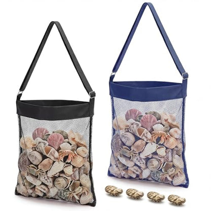 VioraWhite 2 Pcs Extra Large 14 x 16inch Clam Mesh Chum Beach Bags for Seashells Clams Treasures Sand Away Foldable Shell Collection Bags with Adjustable Straps (Black,Dark Blue) - color: Black, Dark Blue