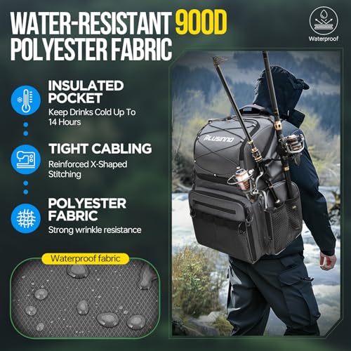 PLUSINNO Cooler Fishing Backpack with Rod Holders 45L Large Water-resistant Fishing Tackle bag Store Fishing Gear Fishing Gifts for Men Father - color: Grey jacquard with box