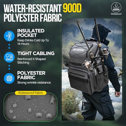 PLUSINNO Cooler Fishing Backpack with Rod Holders 45L Large Water-resistant Fishing Tackle bag Store Fishing Gear Fishing Gifts for Men Father - color: Grey jacquard with box