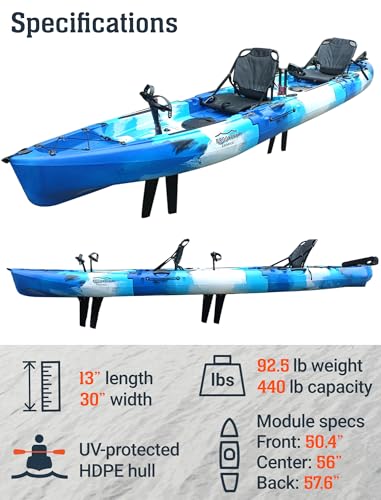 Brooklyn 13.0 Tandem 3-Piece Modular Kayak by BKC, 2-Person Sit-on-Top Kayak, Dual Flipper Drives, Rudder Steering, Rod Holders, Ample Dry Storage - color: Blue Typhoon