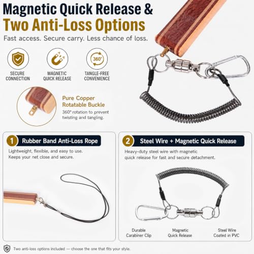Wooden Fly Fishing Landing Net with Clear Soft Rubber Netting, Floating Trout Net, Magnetic Quick Release Buckle, Anti-Loss Rope, 10.4 x 15 in Hoop, 23.6 in Length, 0.75 lb