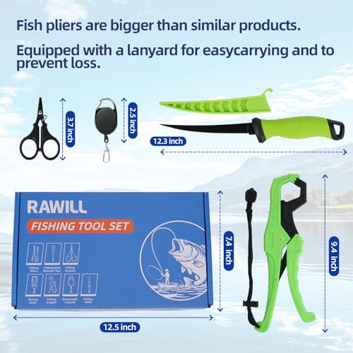 RAWILL Fishing Kit,Filleting Knife,Hook Remover,Fish Grip, Line Cutter,Fishing Scale, Pliers with Lanyards,Not Include Batteries - color: Green