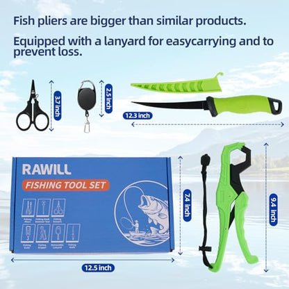 RAWILL Fishing Kit,Filleting Knife,Hook Remover,Fish Grip, Line Cutter,Fishing Scale, Pliers with Lanyards,Not Include Batteries - color: Green