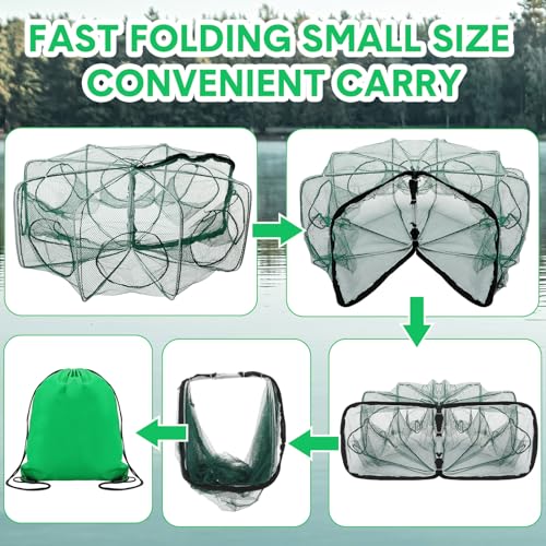 JaGely 5 Pcs Fishing Net Accessories Include Fishing Landing Net with Handle, 26in x 13in Portable Folded Cast Net, 8 Holes 8 Sides Collapsible Fishing Bait Trap, Fishing Keep Net, Drawstring Bag