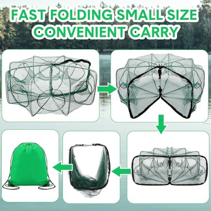 JaGely 5 Pcs Fishing Net Accessories Include Fishing Landing Net with Handle, 26in x 13in Portable Folded Cast Net, 8 Holes 8 Sides Collapsible Fishing Bait Trap, Fishing Keep Net, Drawstring Bag
